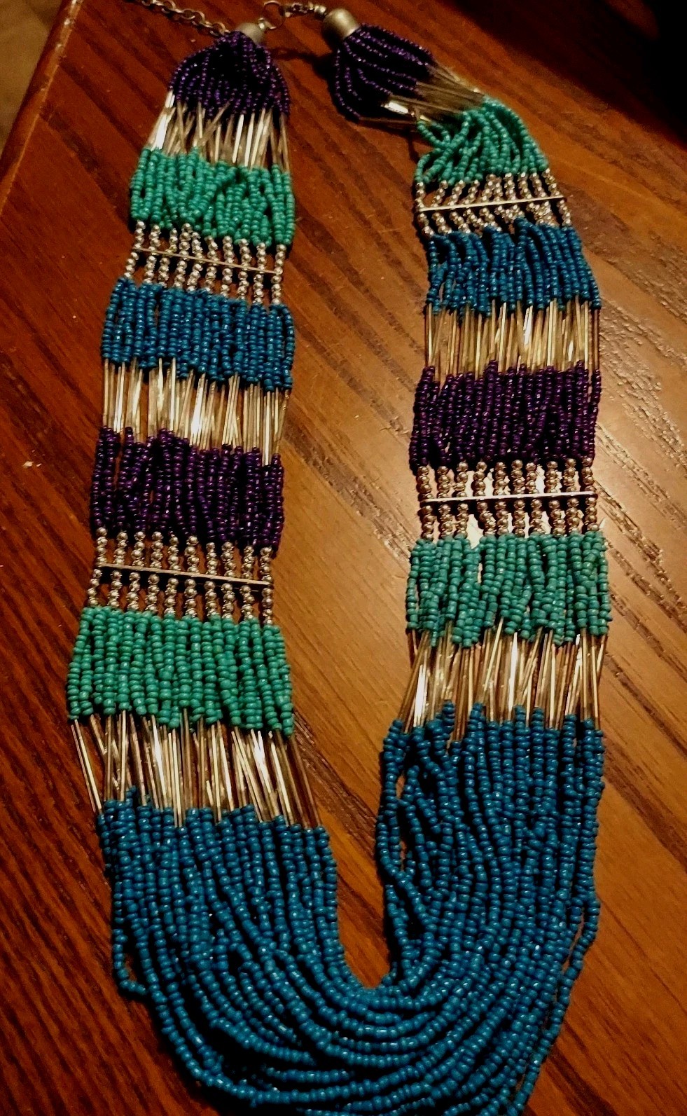 VTG Multi-Strand Seed Bead Turquoise & Purple Silver BoHo Tribal Necklace