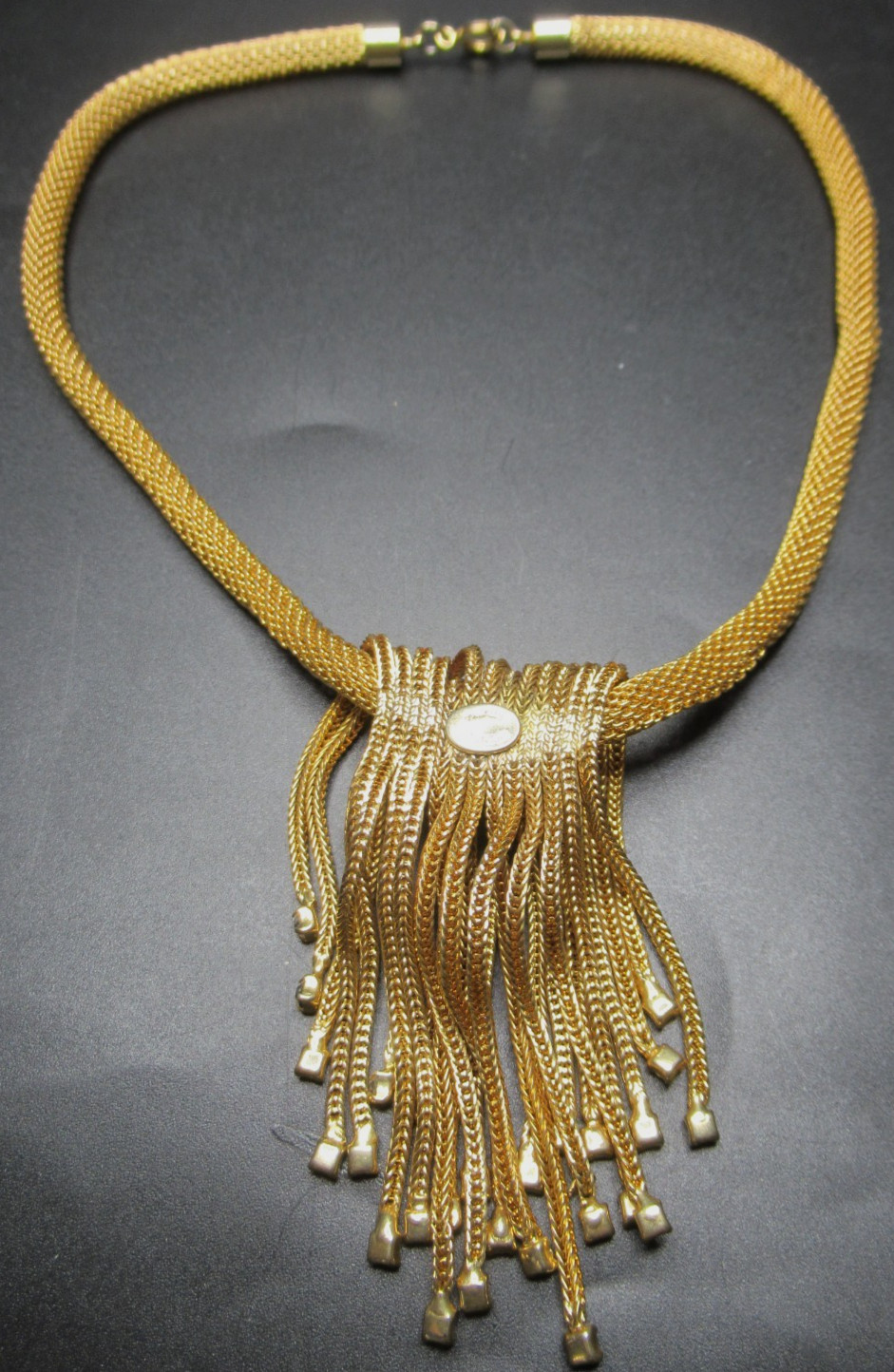 HATTIE CARNEGIE Rhinestone Waterfall Golden Mesh Rope Fringe Vintage Necklace