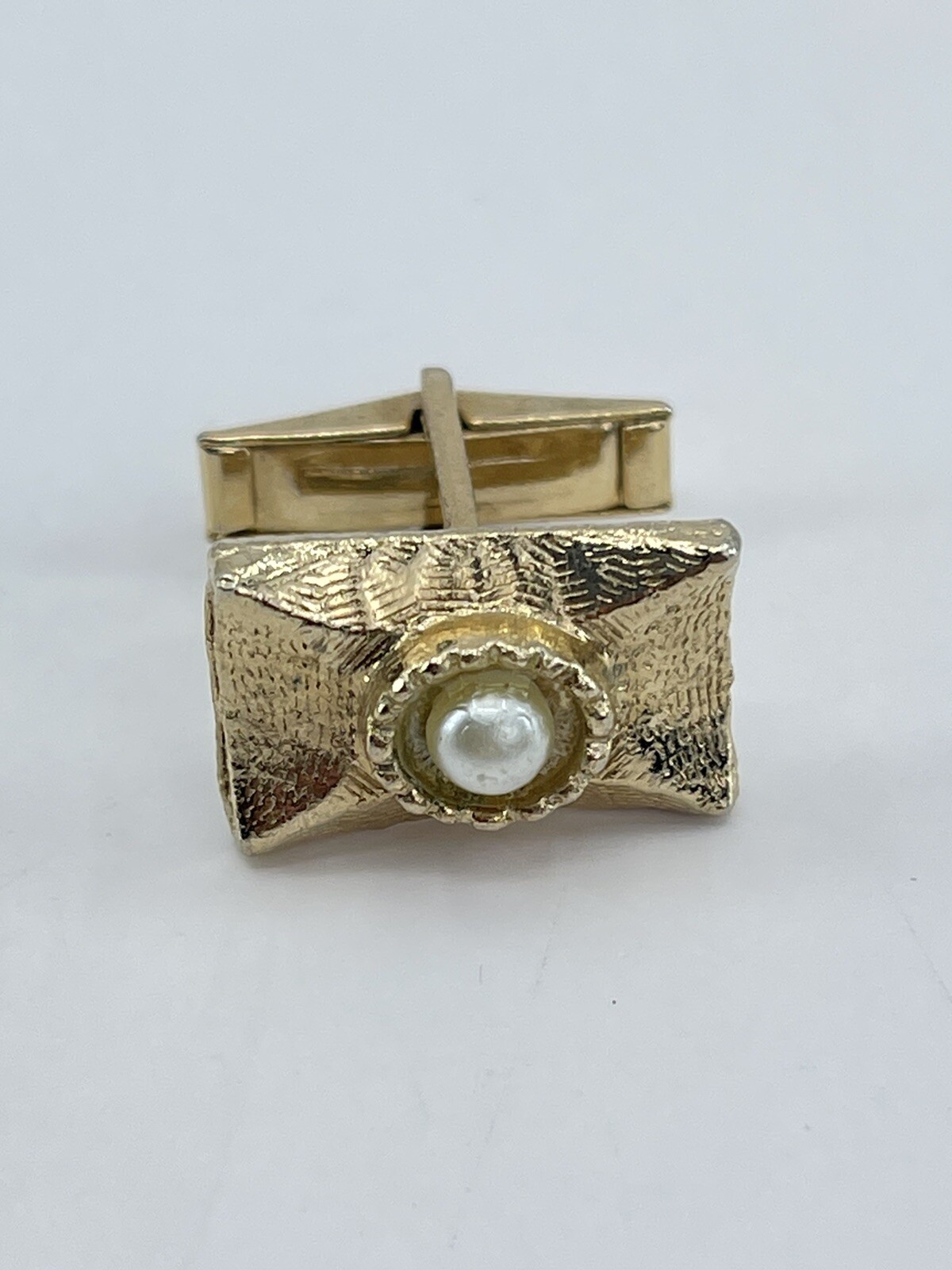 Vintage Faux Pearl mens cufflinks rectangle brushed gold tone concave whale back
