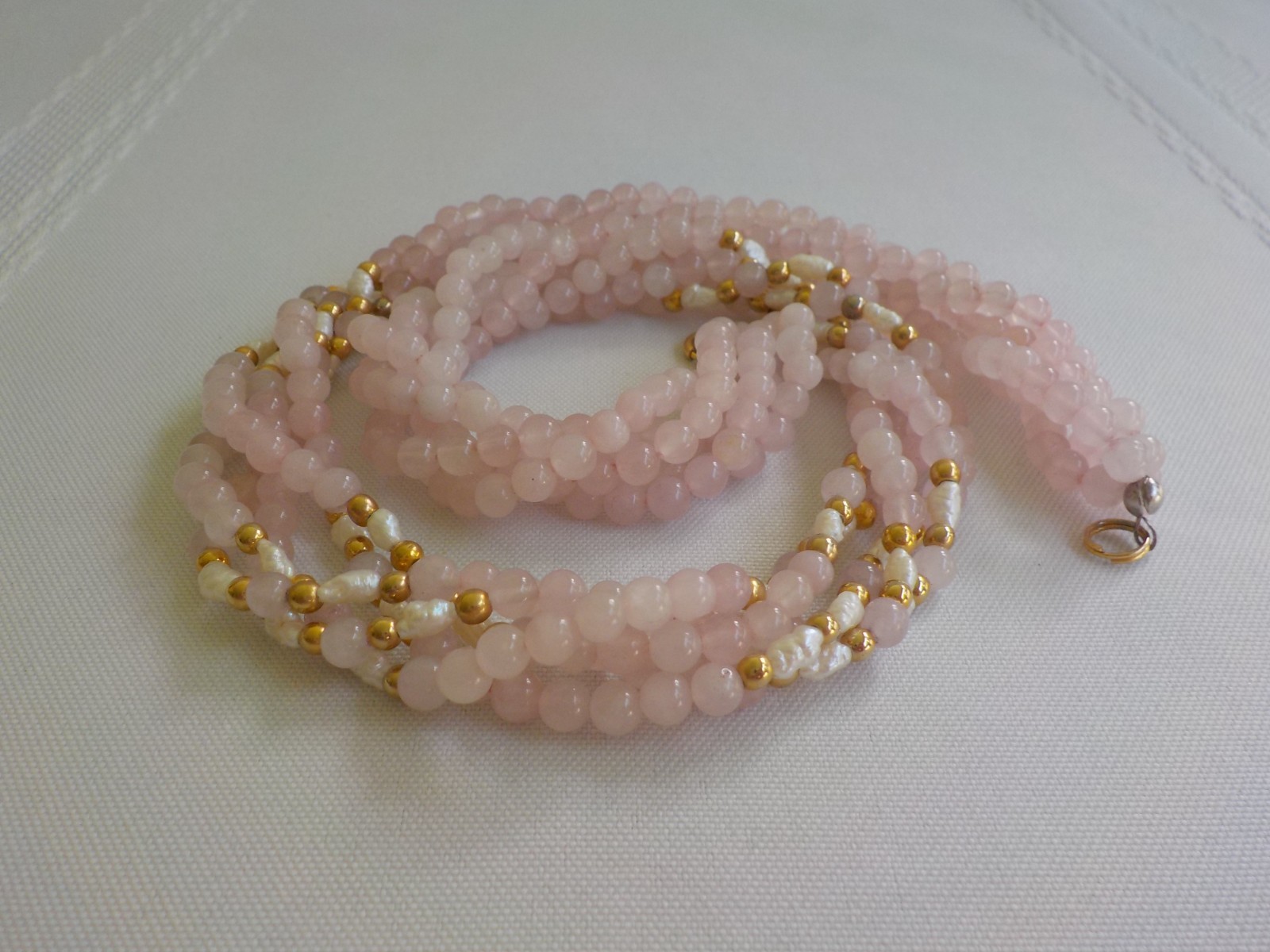 Pink Quartz Rice Pearl Twist Necklace Ball Bead 17″ Long Gold Tone Metal