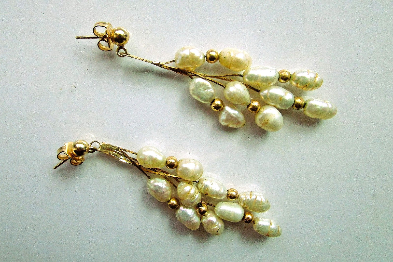 Vintage 3 pcs Baroque Seed Pearl Gold Bead 20 in Necklace & 2 in Long Earrings