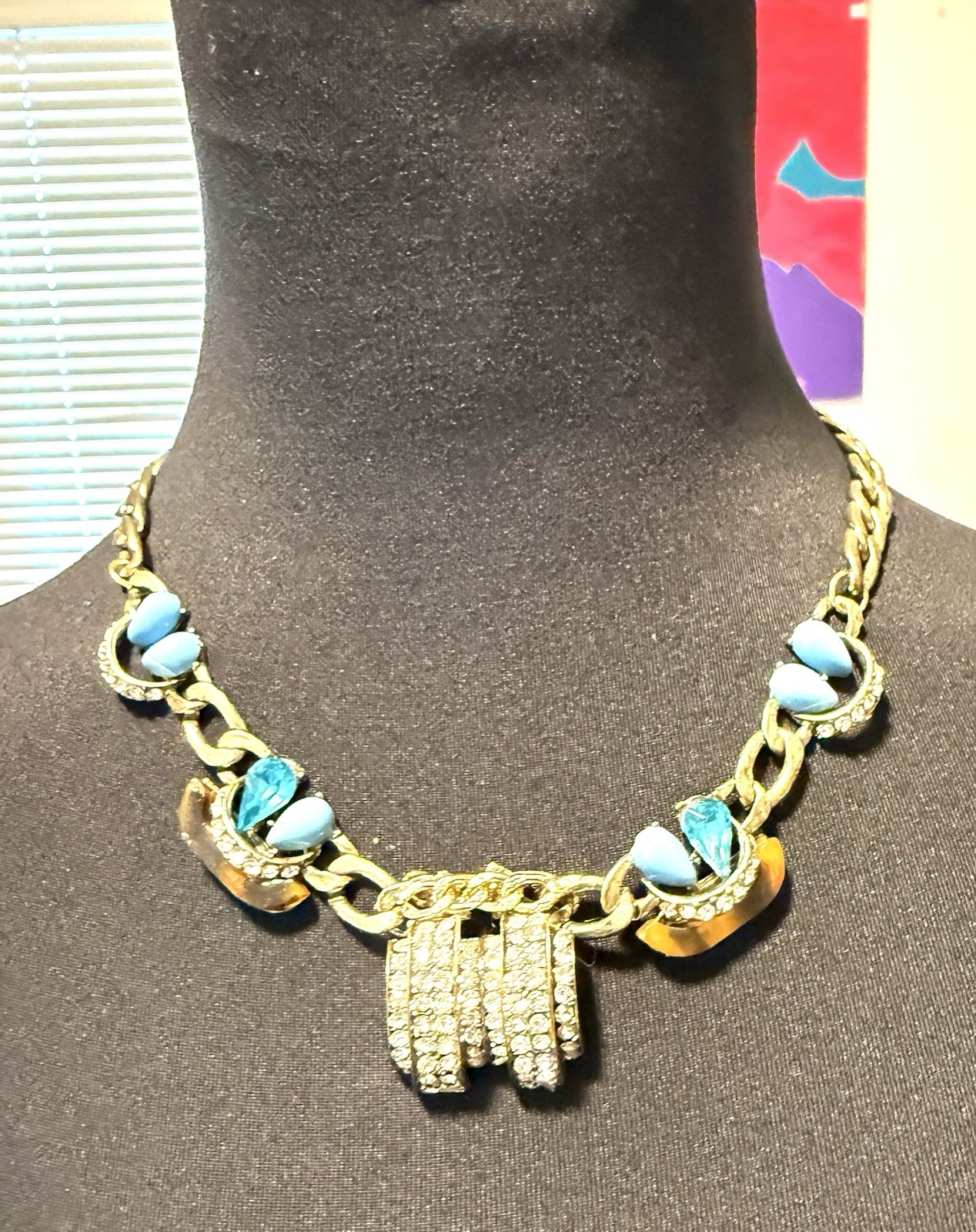 12.58 Pilgrim Statement Necklace Blue Amber Lucite Rhinestone Gold Tone Denmark