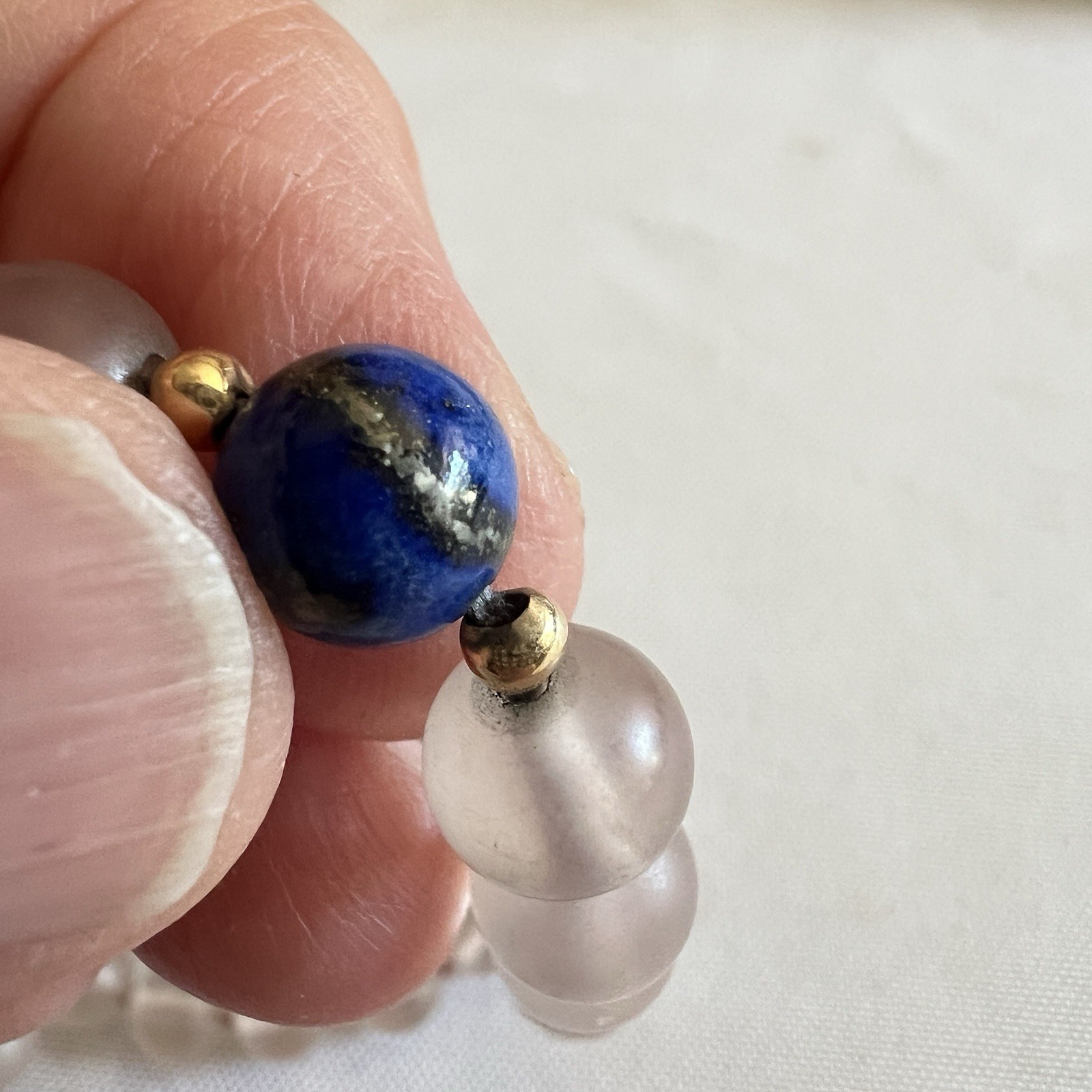 Vintage Frosted Rose Quartz Lapis Lazuli 27″ Beaded Necklace Gold Accent Spacers