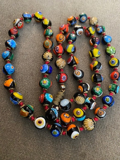 Murano Millefiori Necklace Glass Beads Barrel Clasp Hand Knotted Necklace 25 In 