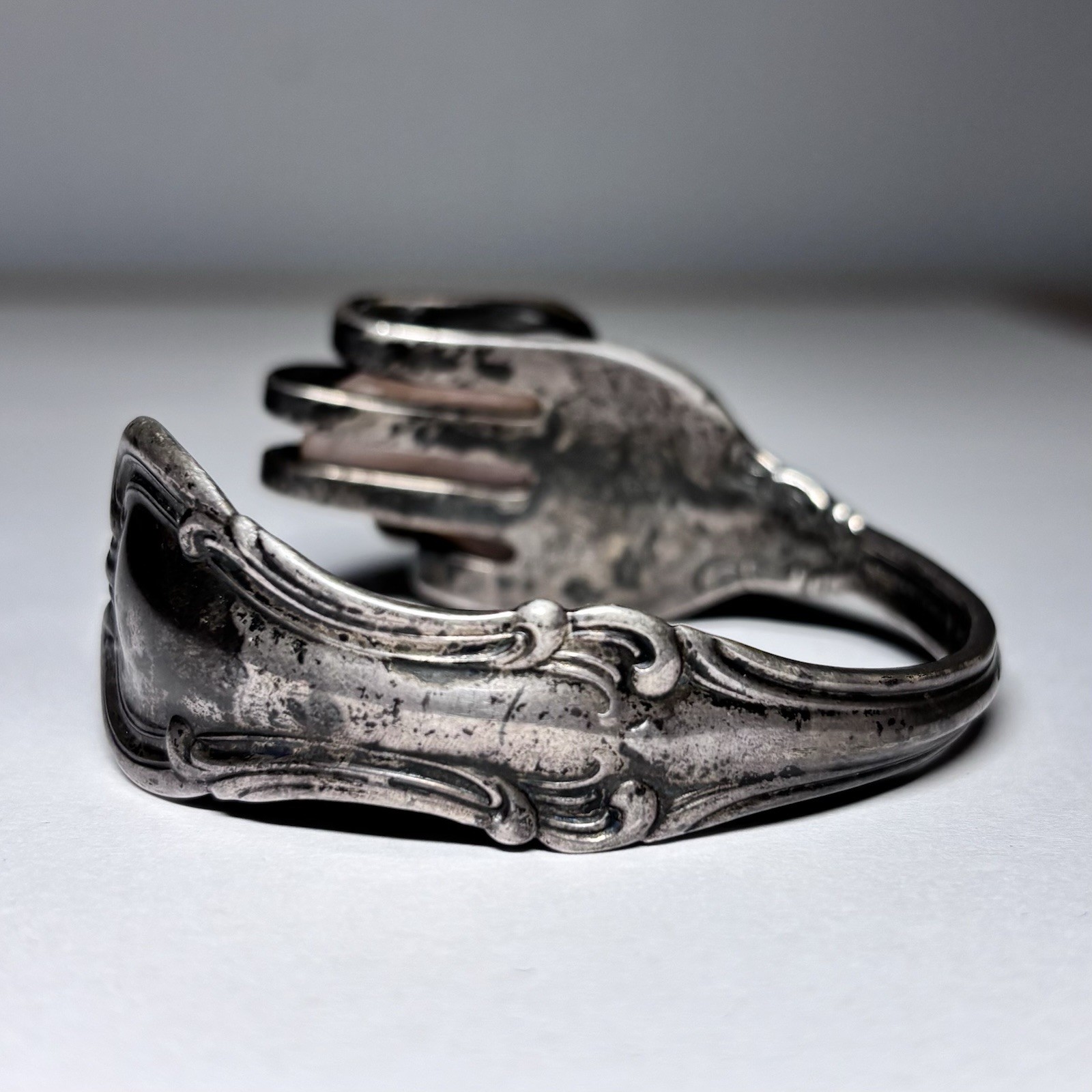 Uma Silbey Signed Sterling Silver Rose Quartz Cuff Bracelet 1984 Joan of Arc