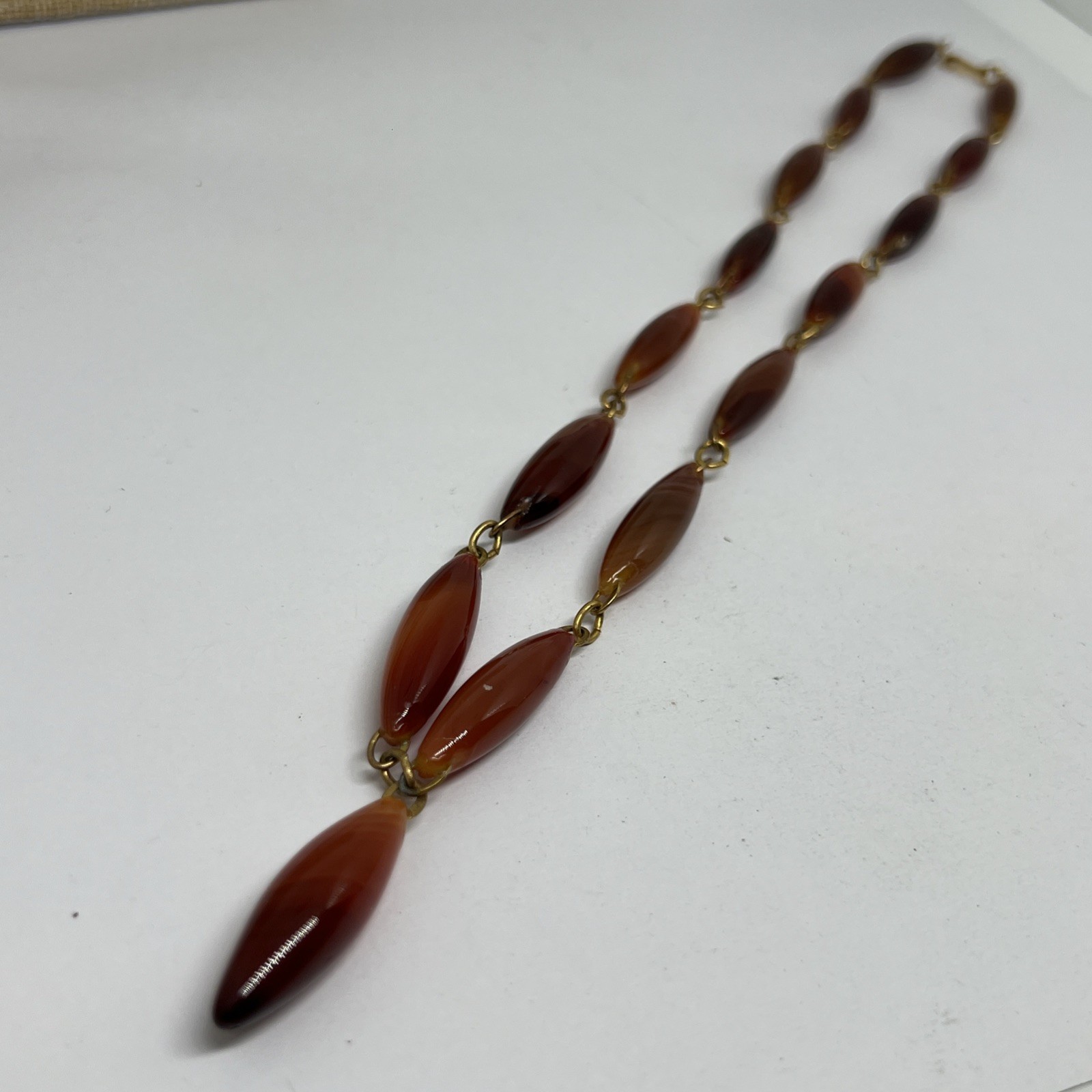 Vintage Art Deco Carnelian Agate Marquise Bead Y Necklace Gold Tone Link 20”
