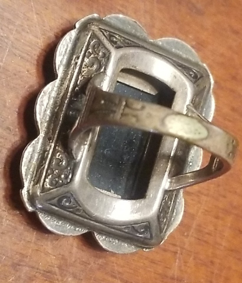Antique Victorian Mourning Ring, Size 3, Black Onyx Marcasite And Silver