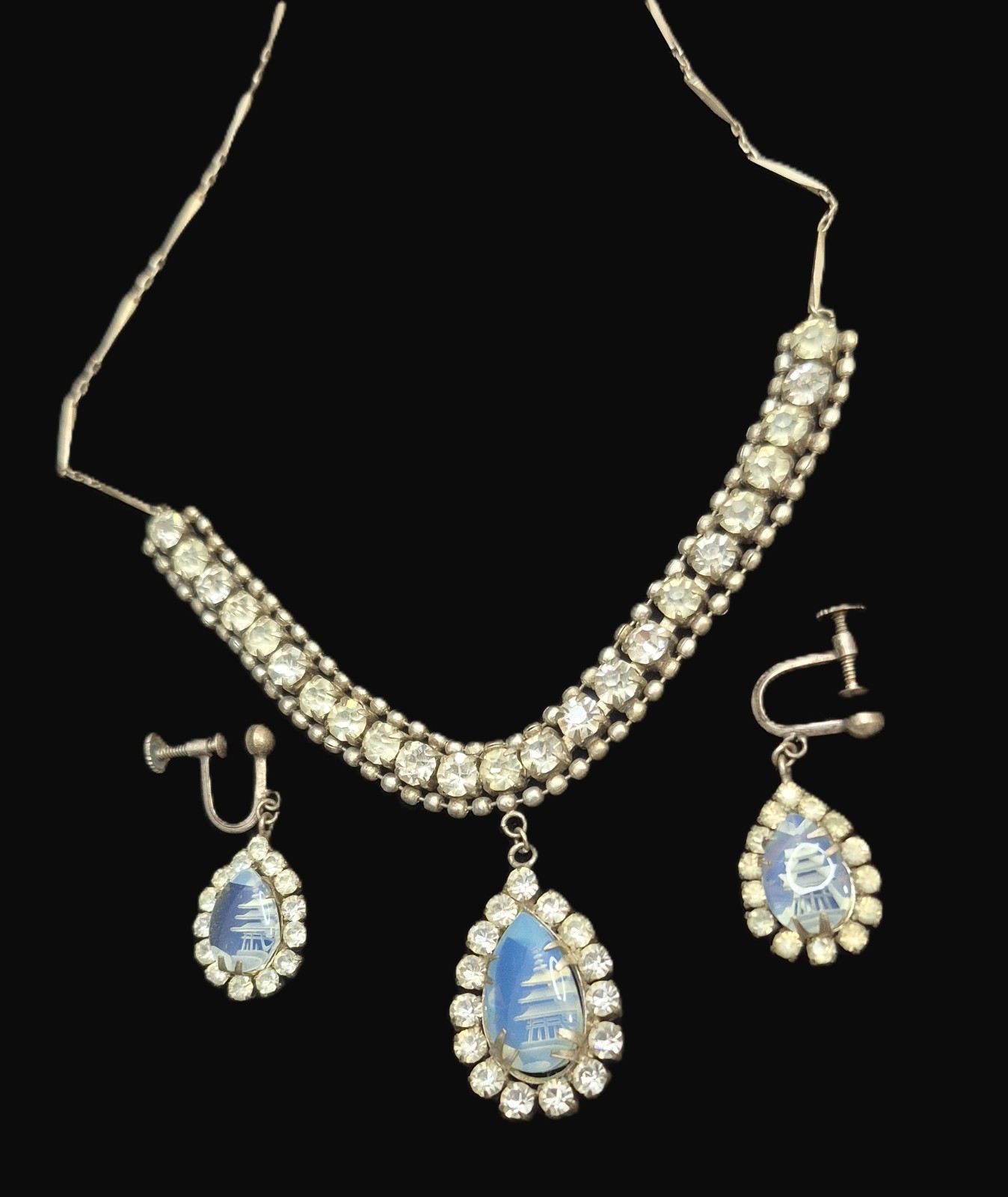 1950s Opaline Glass Intaglio Pagoda Design Demi-Parure Necklace Earrings Set