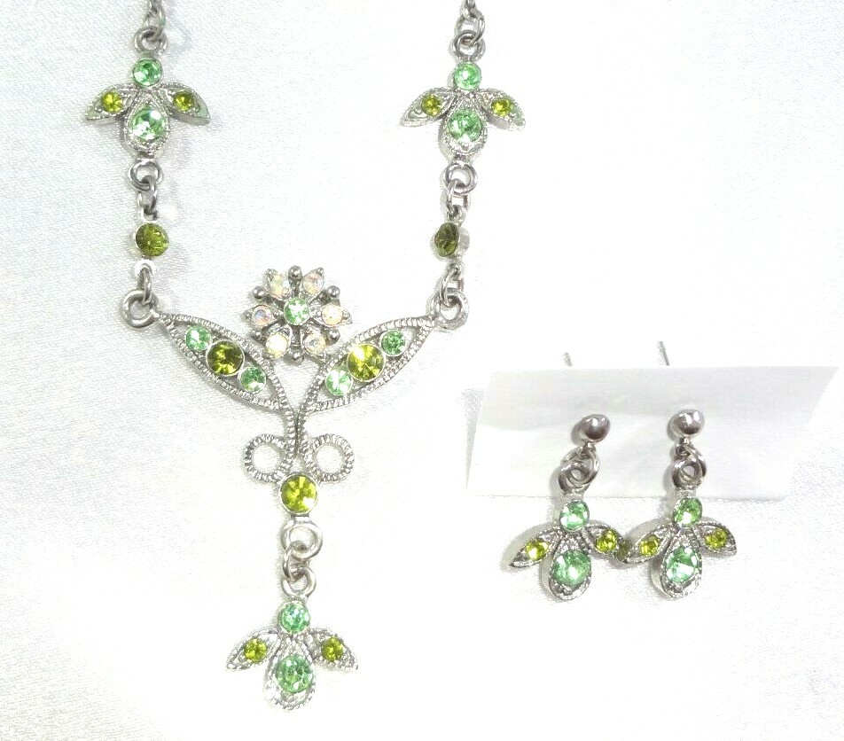 RARE SET! Premier Designs Sparkly Green Rhinestone Angels Necklace & Earrings!