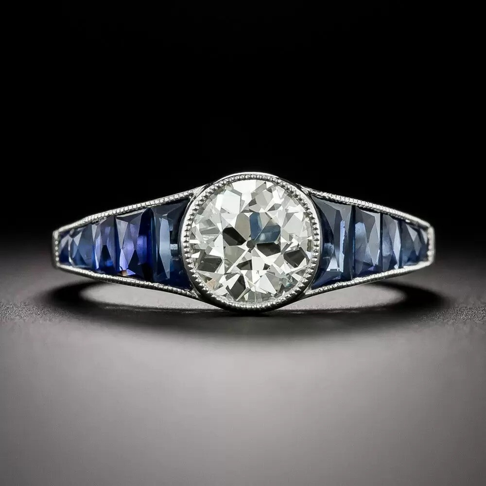 Art Deco Lab Created Diamond & Sapphire 14K White Gold Finish Party Wear Ring