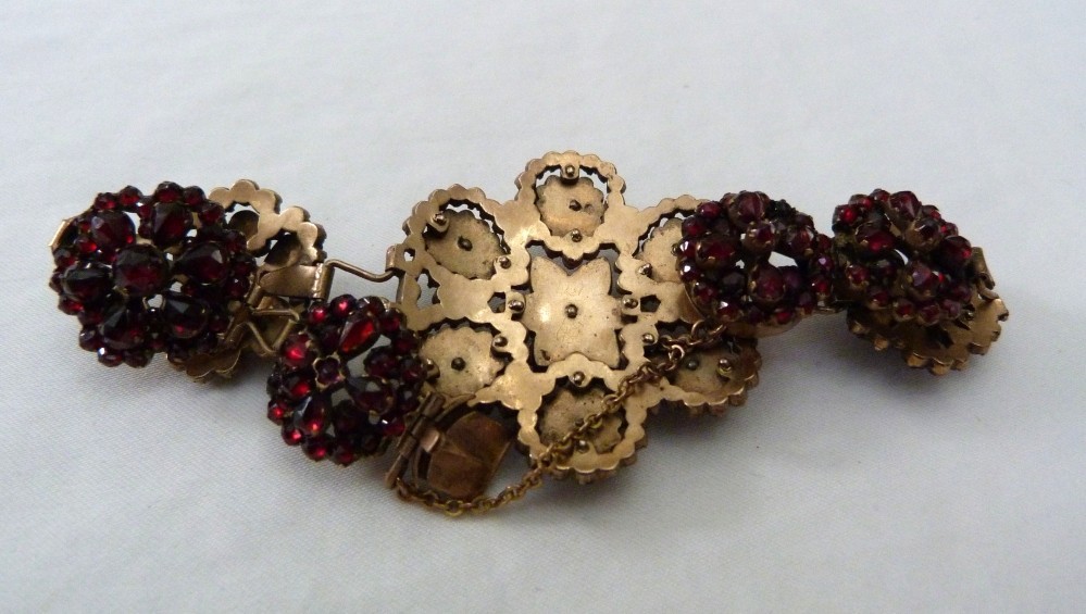 1 5/8″ WIDE ANTIQUE VINTAGE BOHEMIAN GARNET GOLD GILT STERLING SILVER BRACELET