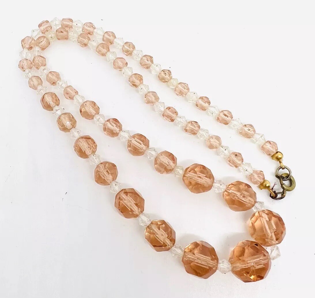 Art Deco Faceted Pink & Clear Glass Beaded Necklace 21 Inches Vintage Jewelry