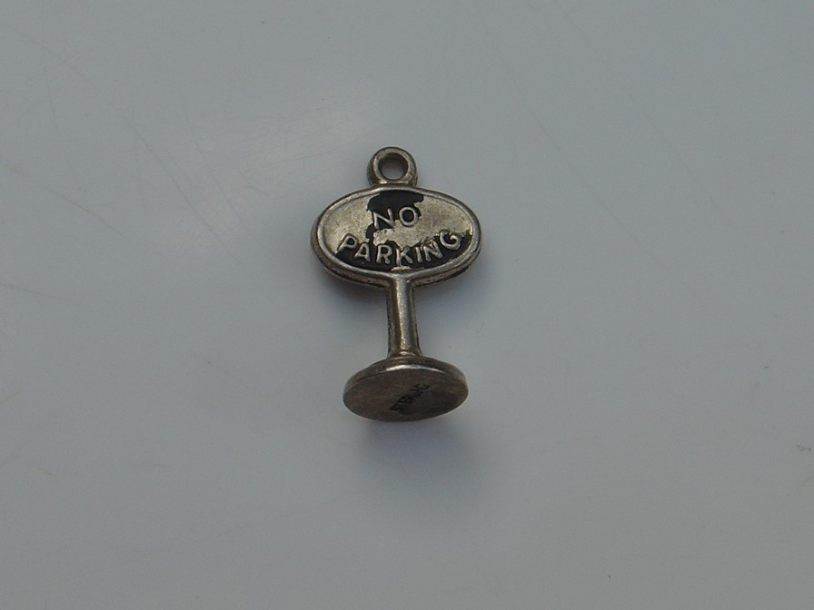 Vintage Sterling Silver Charm Pendant 3D Antique No Parking Sign Cast Iron Base