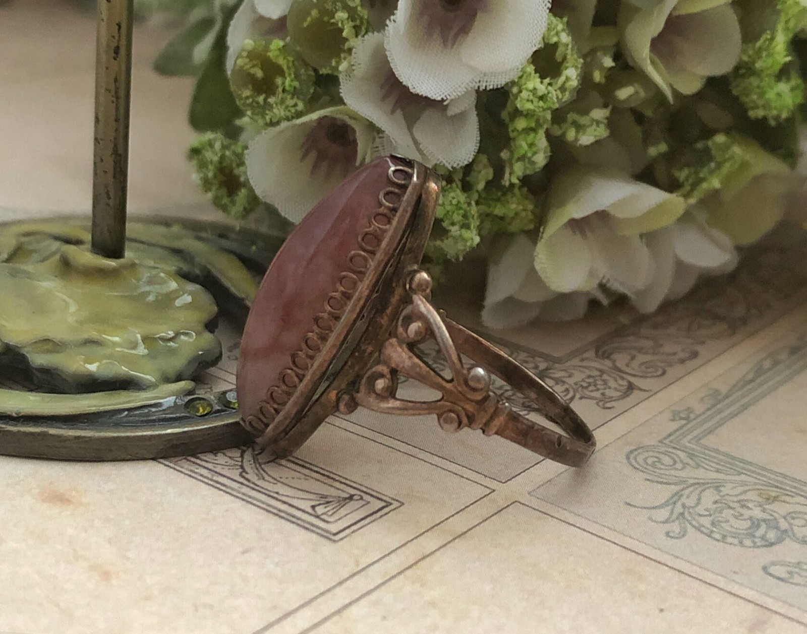 Estate Jewelry Marquise Ring Rare Vintage Soviet Agate Silver 875 USSR Size 10.5