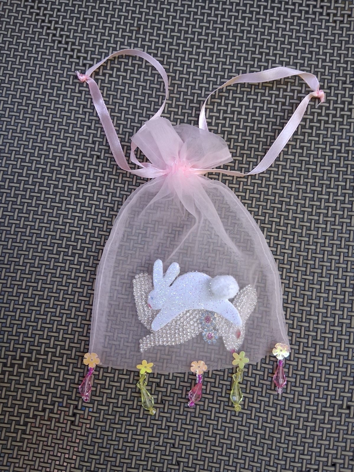 Beautiful Huge Rhinestone Bunny Brooch with Beaded Decorative Bag Vintage