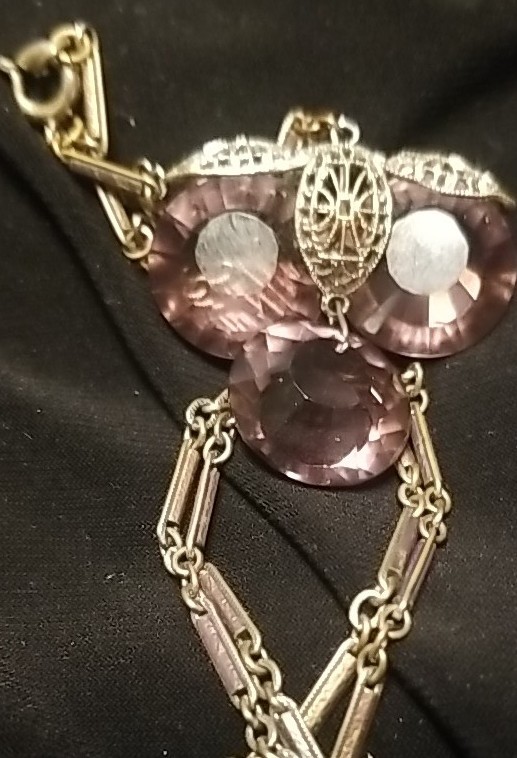 Art Deco Necklace, Purple Paste Glass, Silver & Brass Filigree, 18 Inch Chain