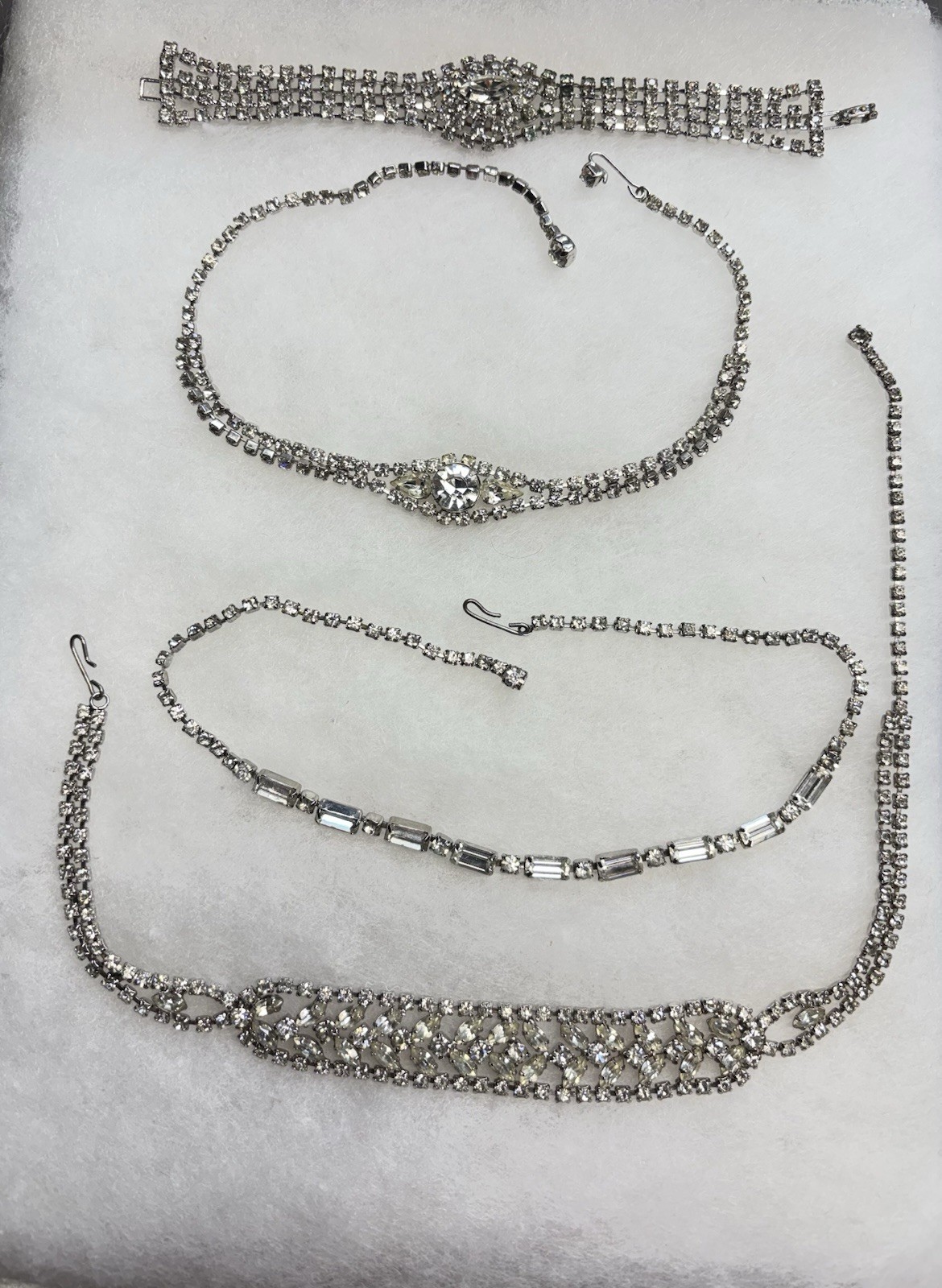 Vtg Clear Rhinestone Bling Lot. 3 -Choker Style Necklaces, 1- Bracelet.