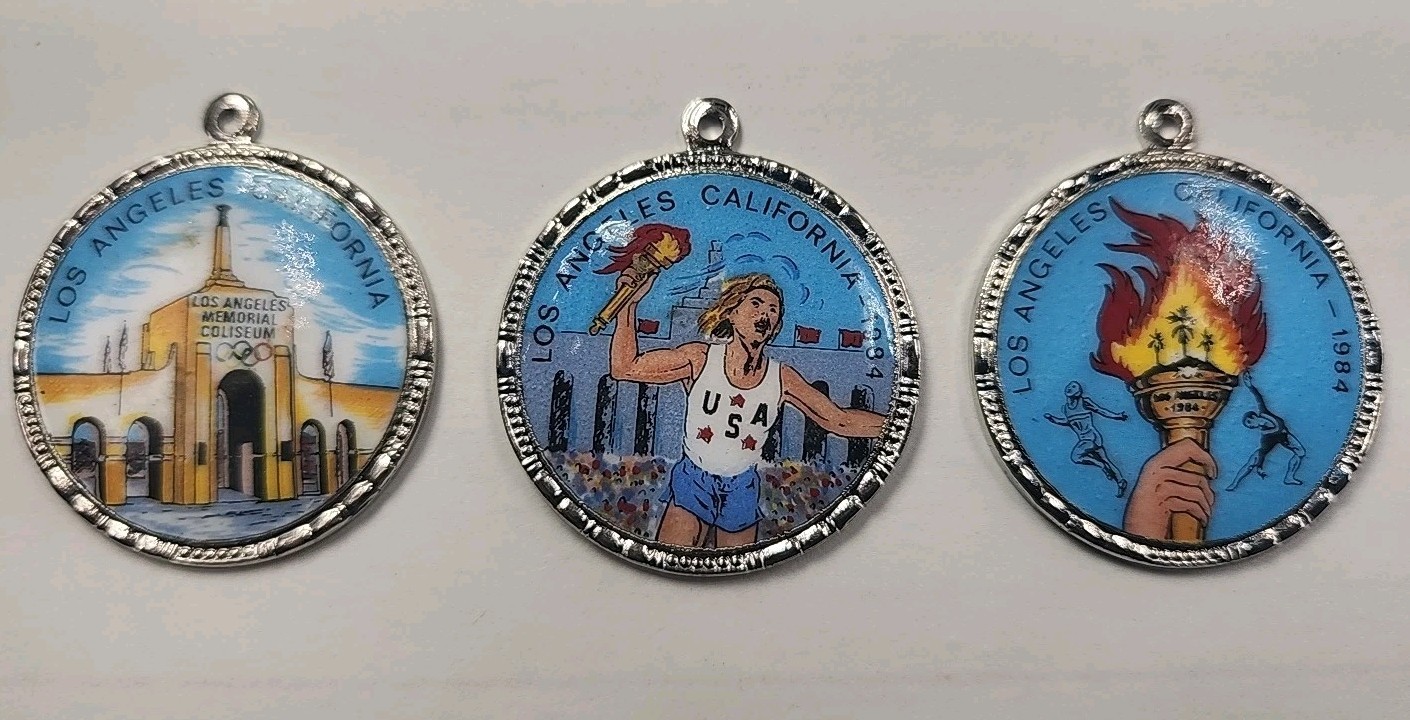 3 Vintage Pendants 1984 Los Angeles Olympics Klepa Arts Germany 1 1/4″