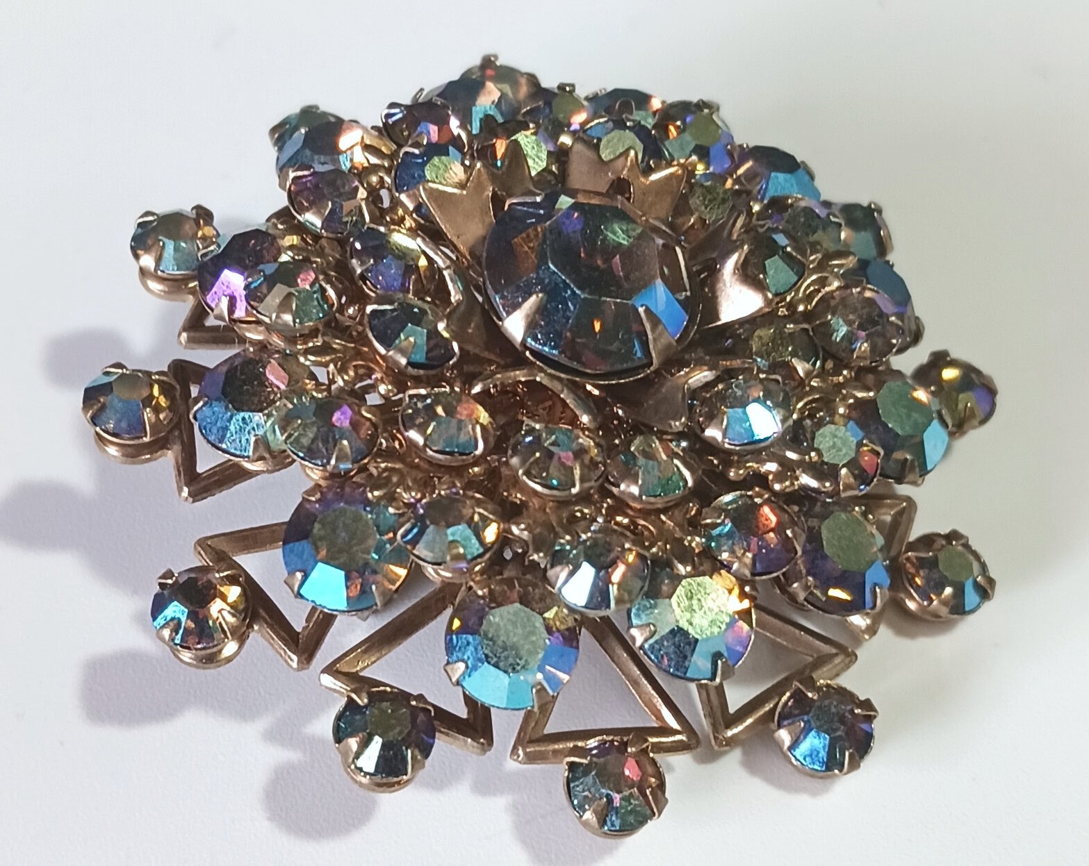 Vintage Layered Gold-tone Brooch w Purple-Blue Aurora Borealis Rhinestones