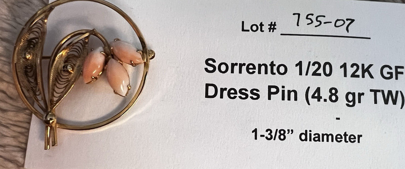 Vintage Sorrento 1/20th 12k Yellow Gold Fill GF Filigree Coral Pin Brooch 4.8g