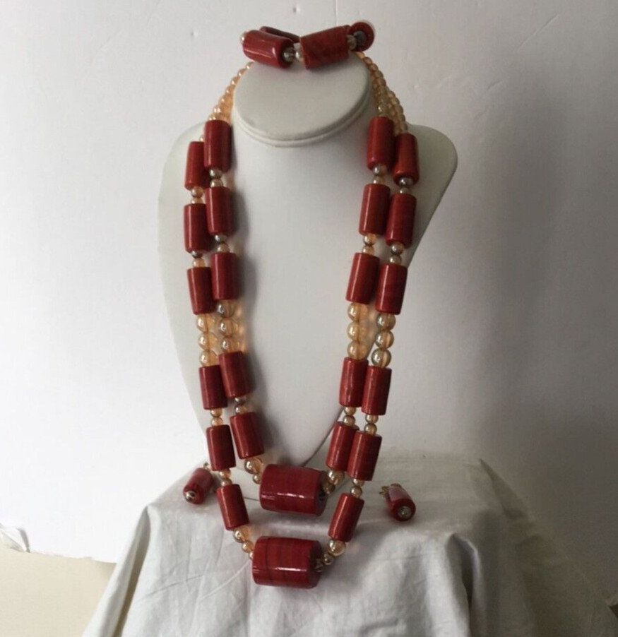 African Traditional Nneka 2-in-1 Red Coral Bead Necklace Bracelet Earring