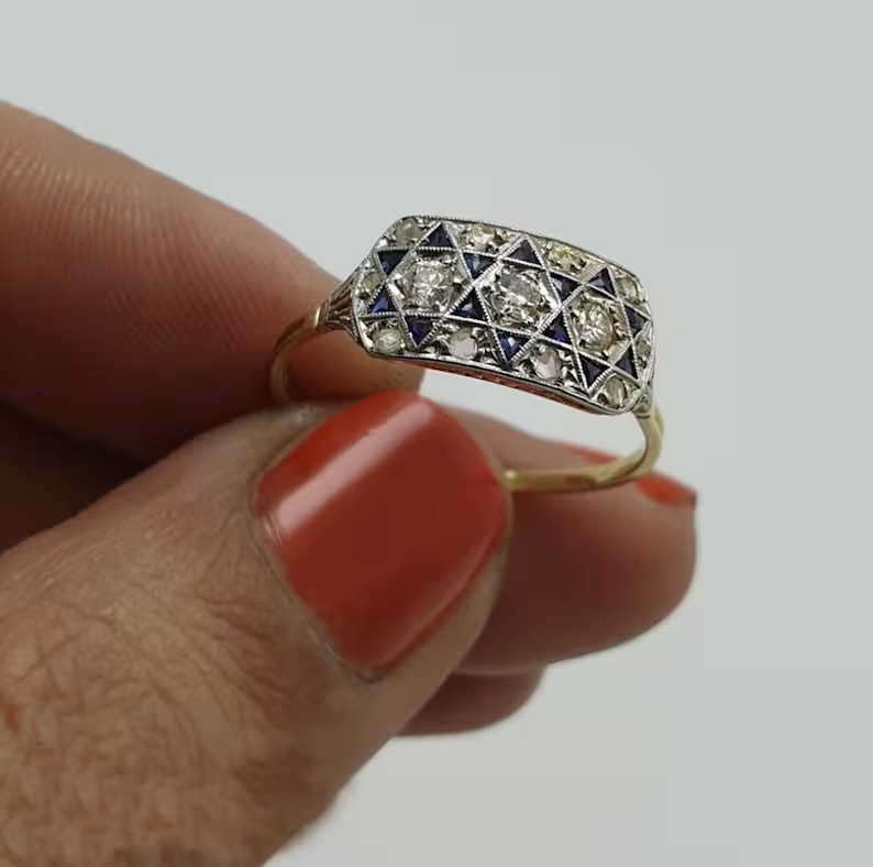 Vintage Style Sapphire & Round Lab Created Diamond Wedding 14K Gold Filled Ring