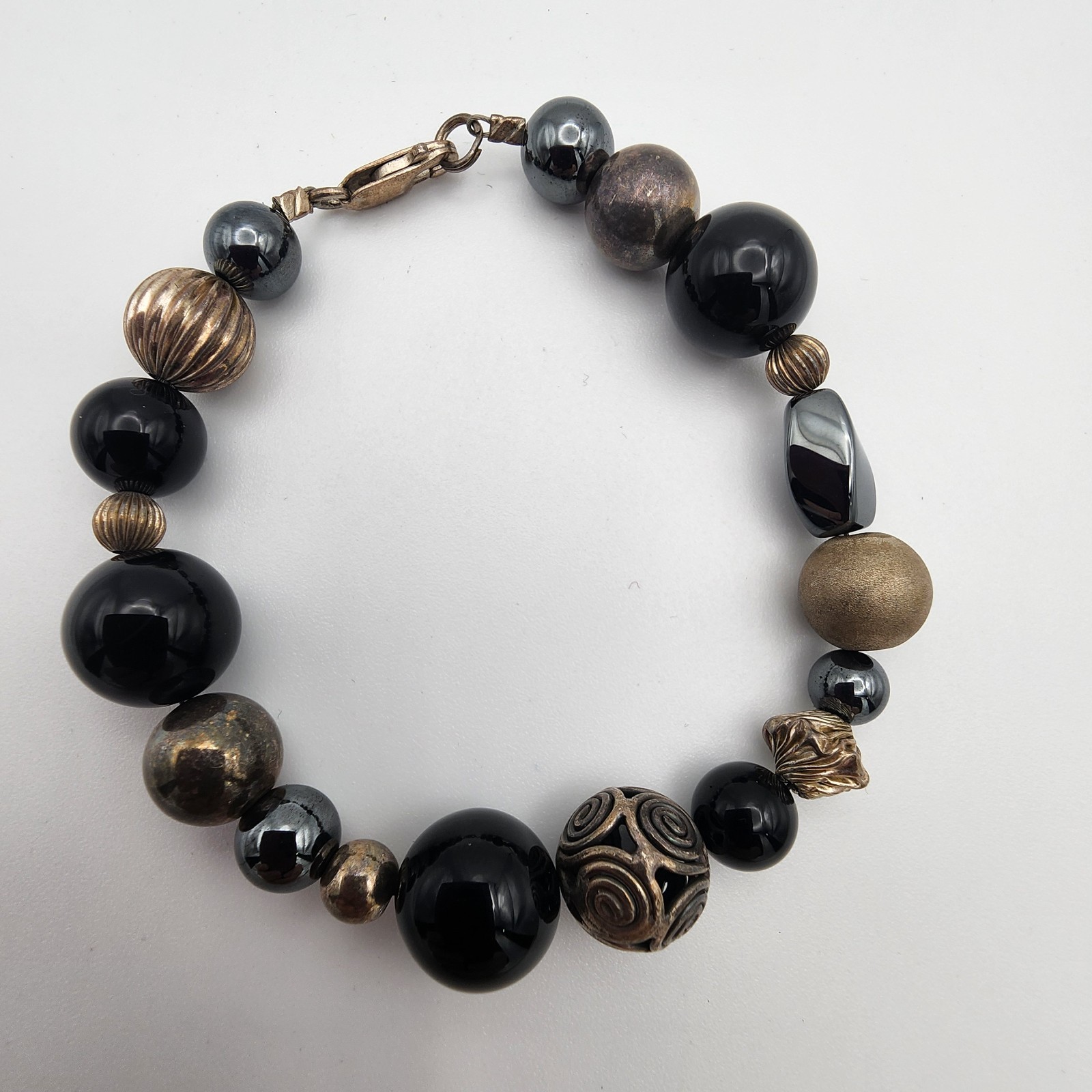 VTG 925 Silver Mixed Bead Hematite Onyx Bracelet 6.75″ Black Boho GUC