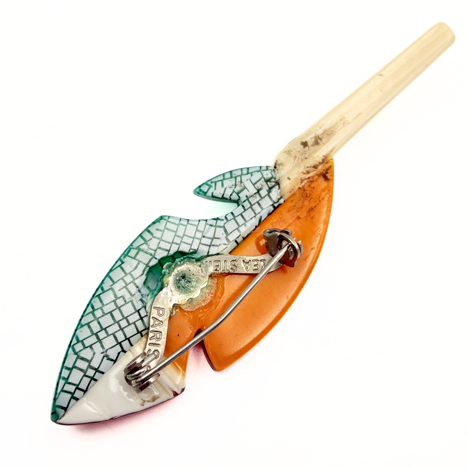 Lea Stein Marked Paris Green Red Acetate Celluloid Feather Brooch