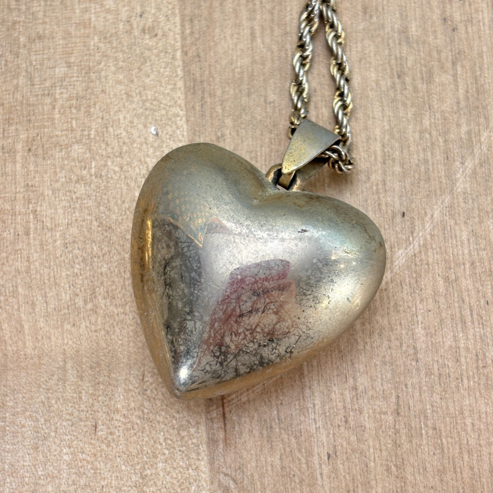 2 Vtg Puffy Heart Necklaces, Gold Tone, 1.5″, Rope Chain 30″, Other 22″