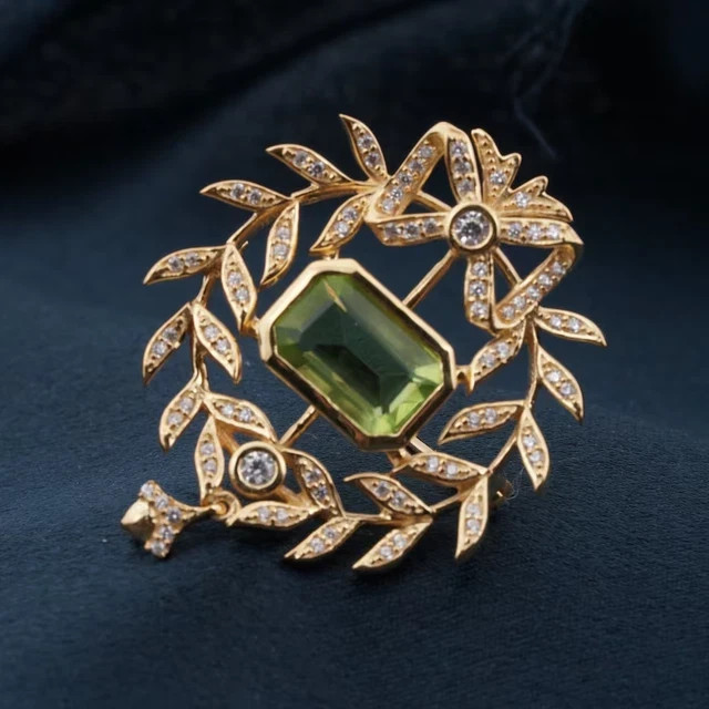 2.45Ct Emerald Cut Lab Created Green Peridot Brooch Pin 14K Yellow Gold Plated