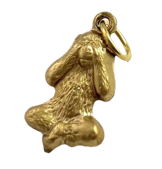 Vintage Charm See No Evil Monkey Necklace Pendant Puffy Brass Metal Jewelry