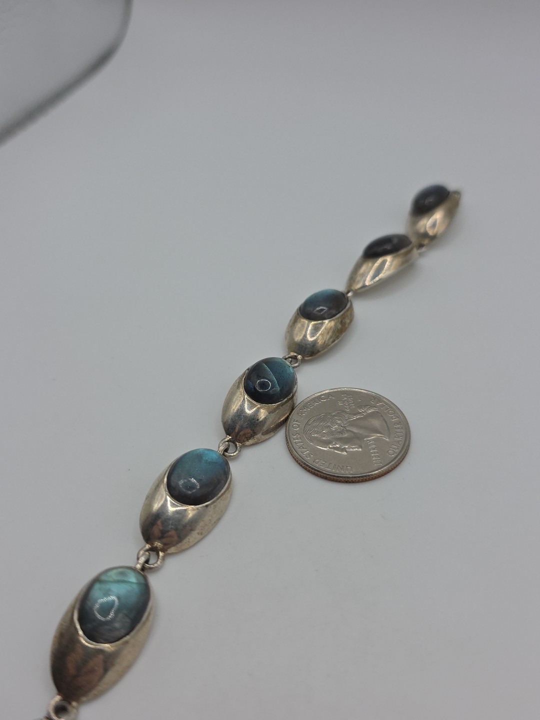 Vintage Sterling Silver 925 Labradorite Oval Link Bracelet 7.25″ 31g