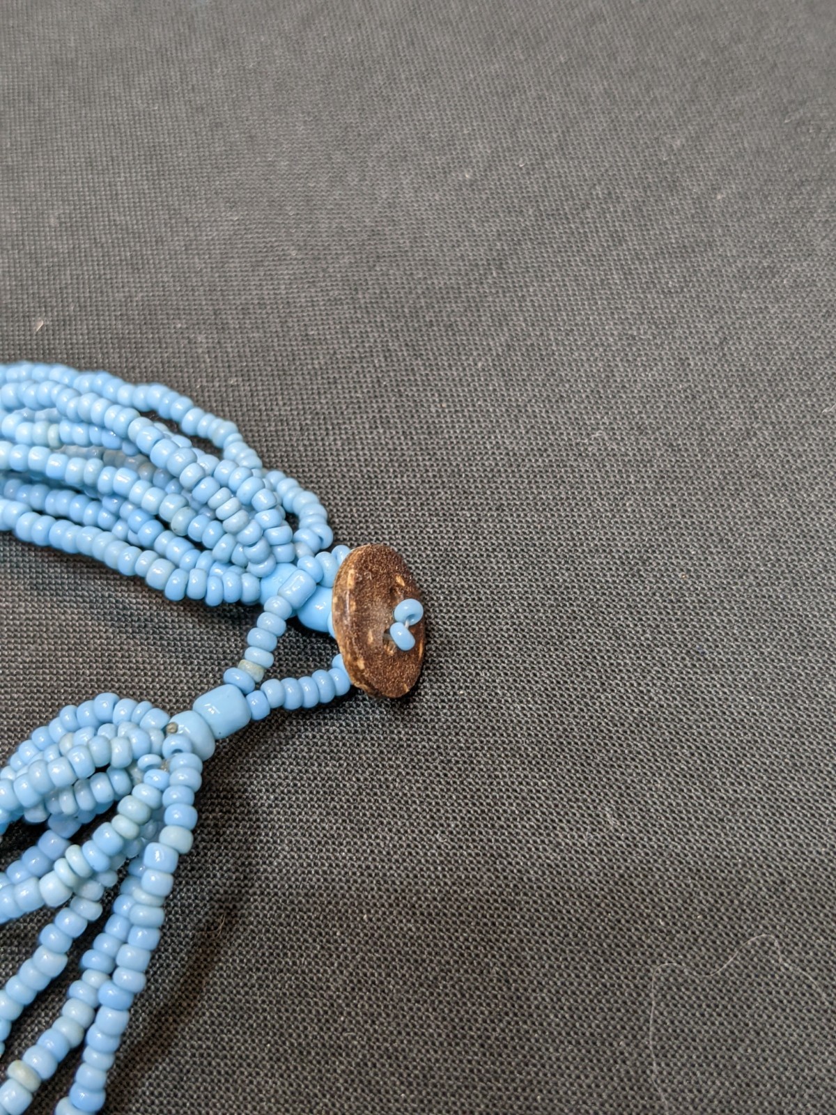 Vintage Blue Seed Bead Necklace Abalone Shell Mosaic Pendant MOP Statement 18″