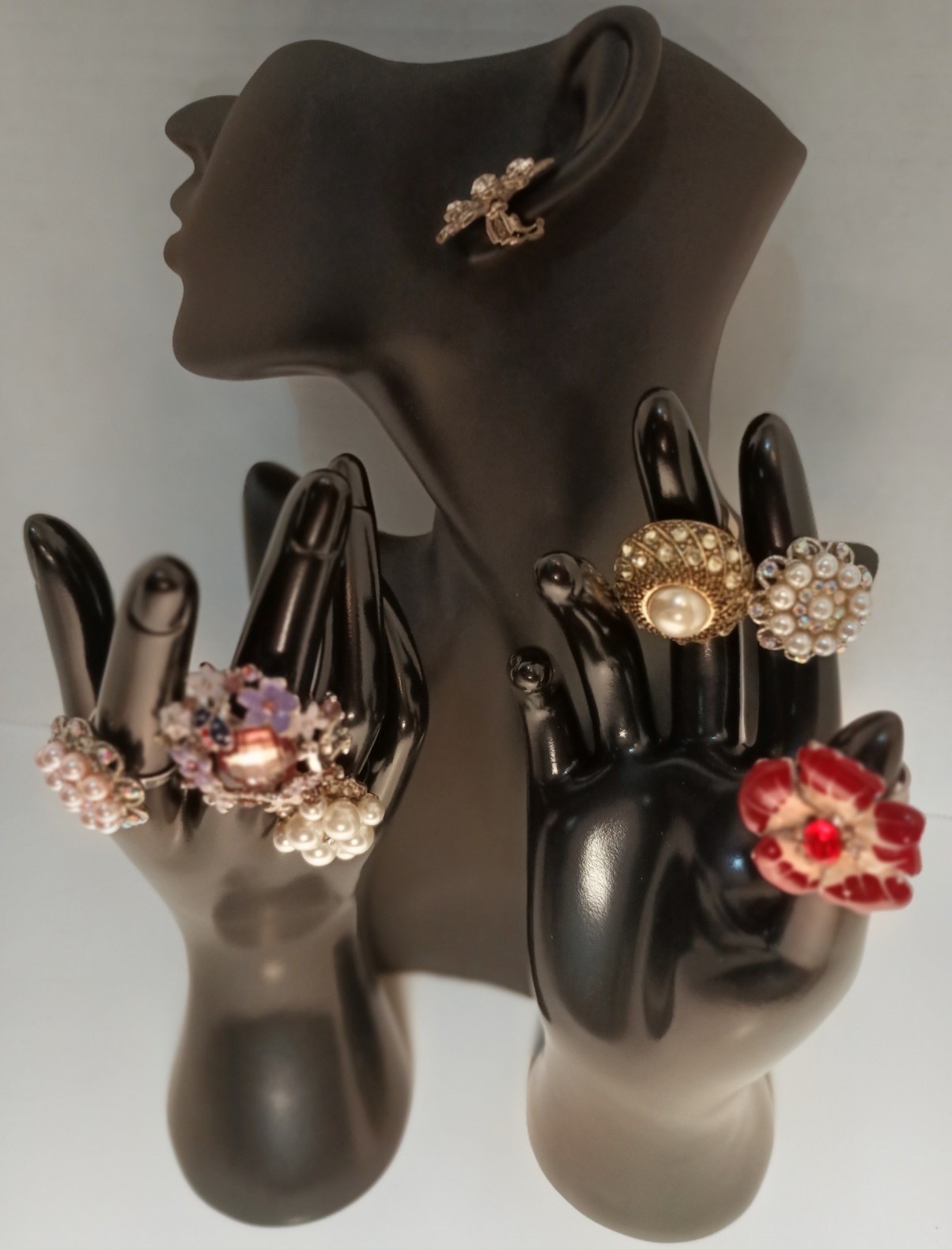 Vintage Adjustable Costume Ring Lot 6pc Metal Rhinestone & Faux Pearl Multicolor