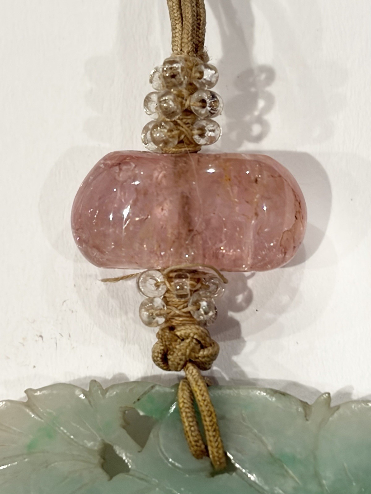 Antique 18g Chinese Carved Jade Pendant Pink Tourmaline Bead Bat & Butterfly