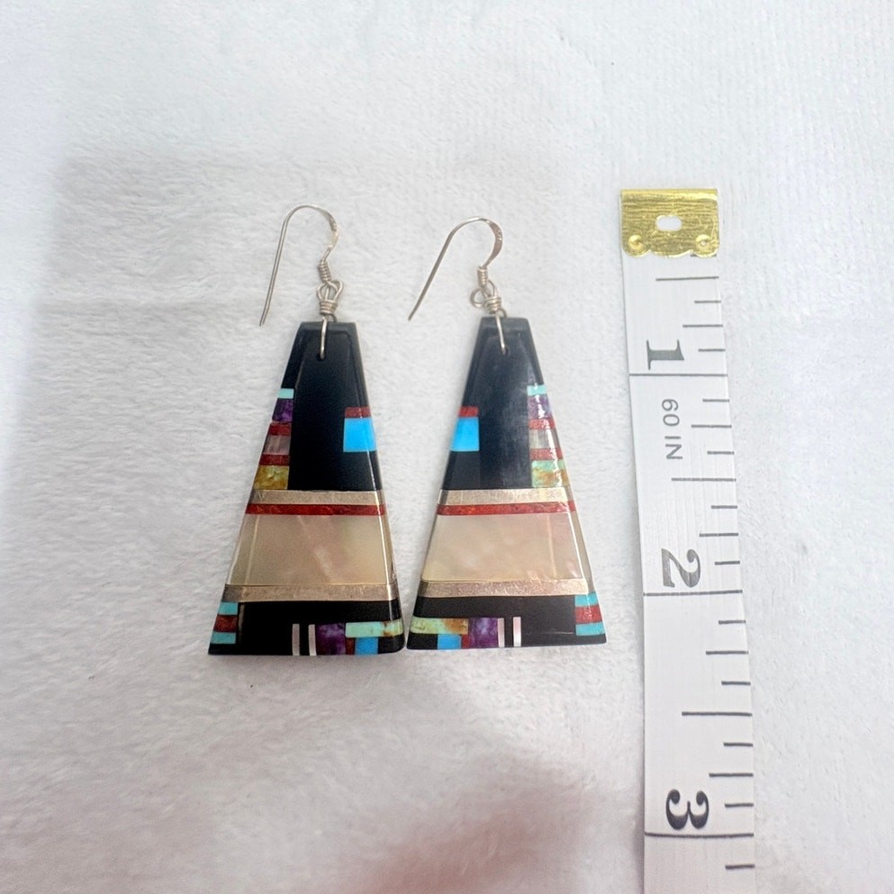 Artisan Inlay Earrings Turquoise Coral Spiny Oyster Onyx MOP on Shell Backplate