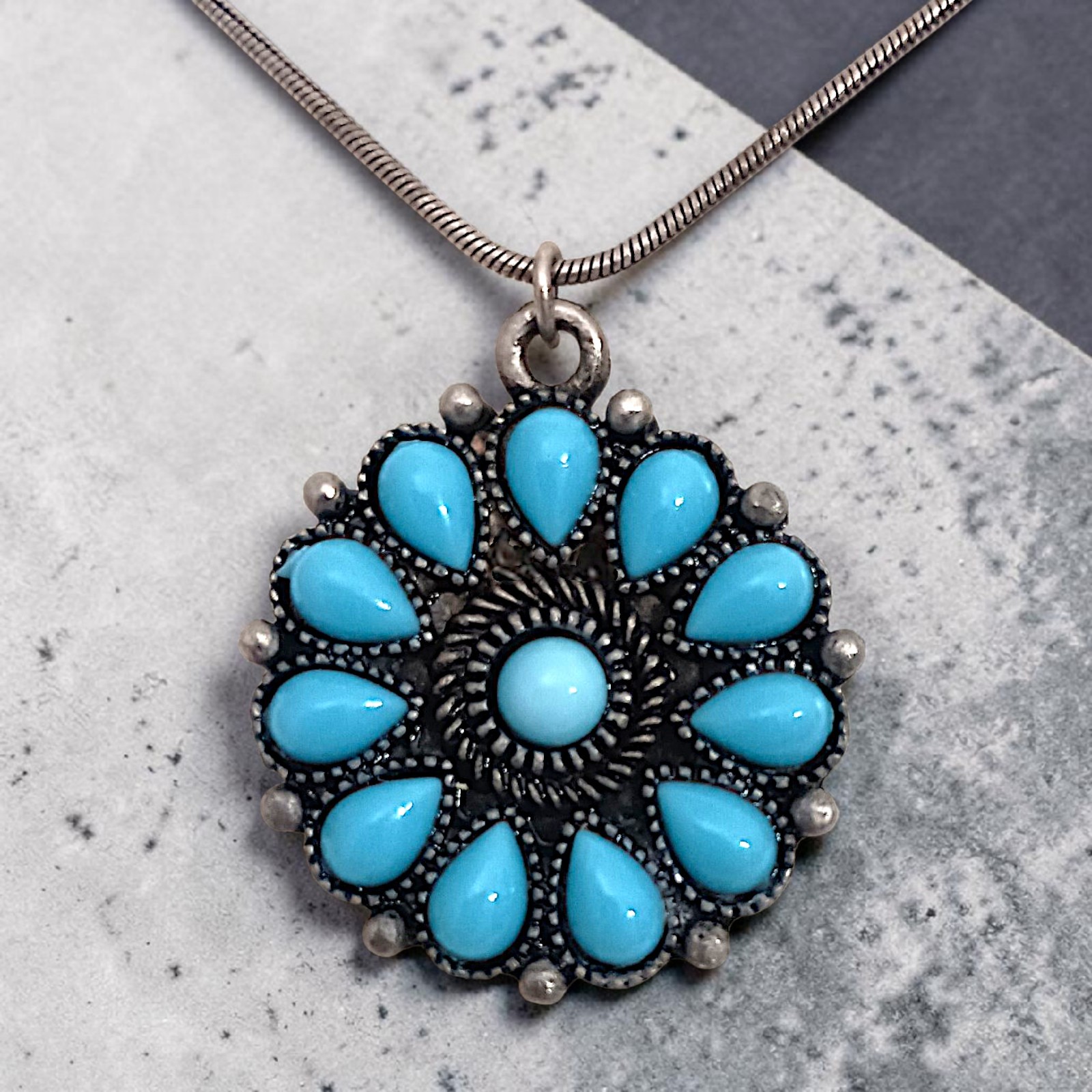 Robert Rose Pendant Faux Turquoise Necklace Antique Silver Tone Southwestern