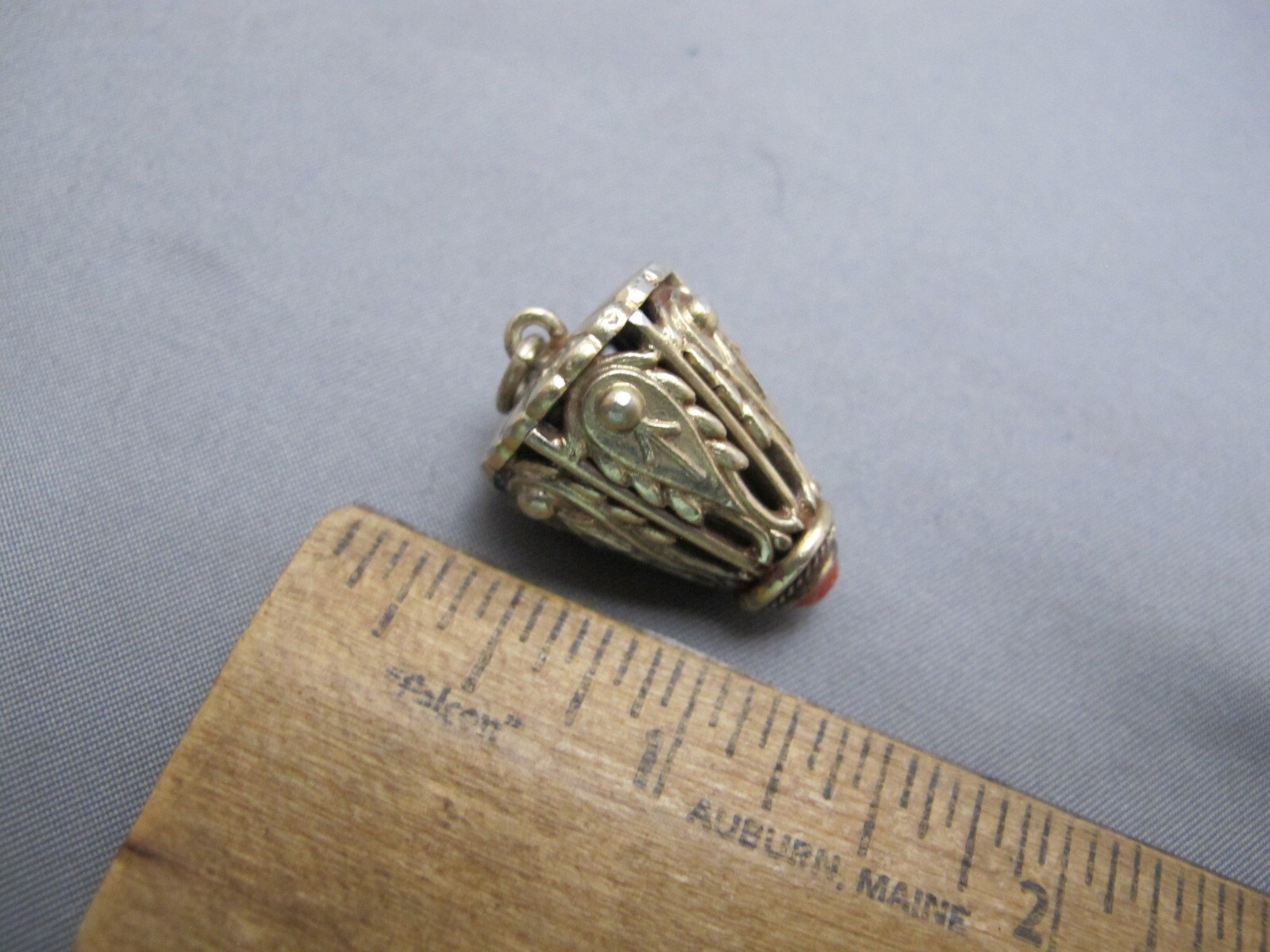 UNUSUAL Antique Gilt Silver & Coral(?) Conical Pierced Box Pendant-Unknown Orig