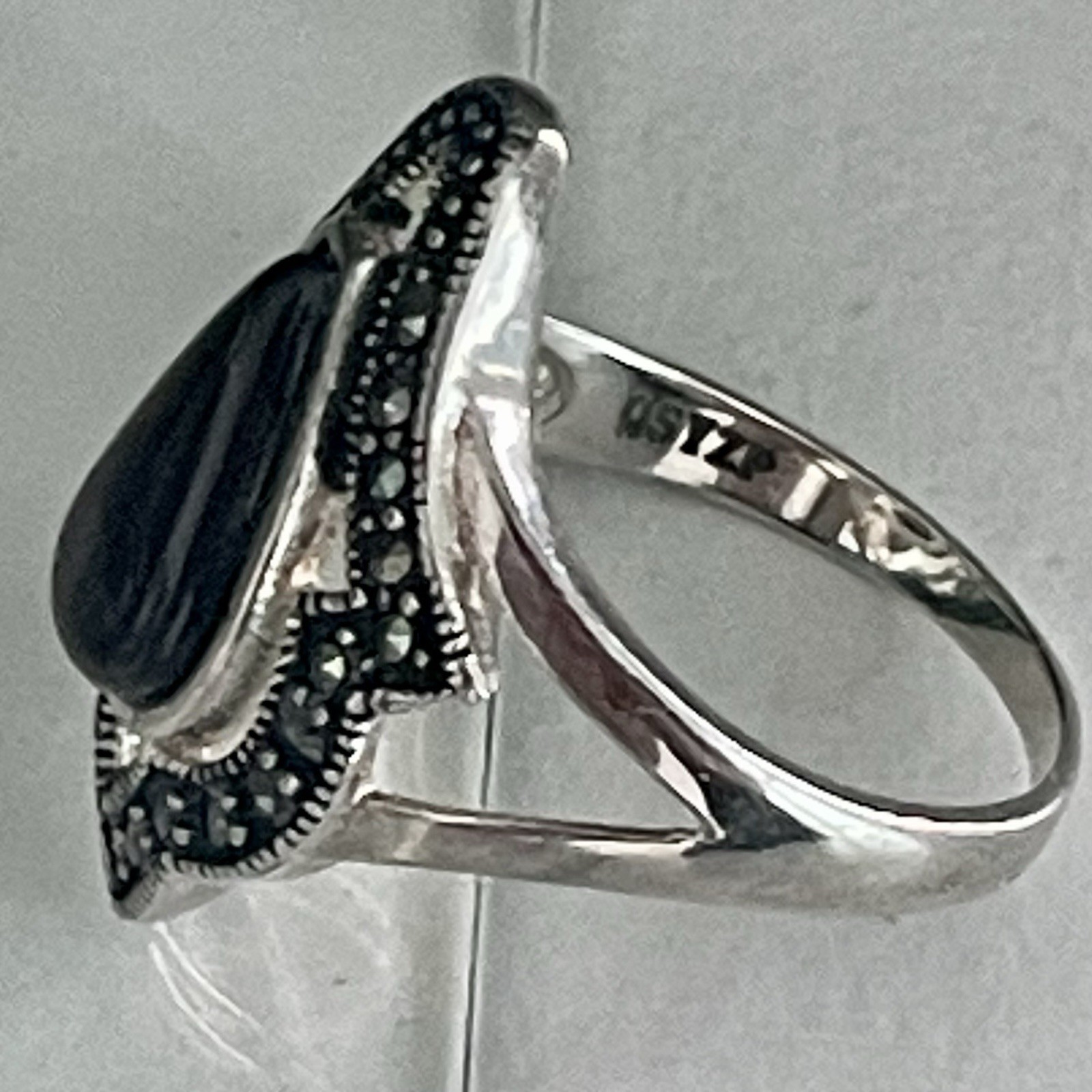 QSYZP Silver Marcasite Banded Agate Sardonyx Teardrop Ring Vintage StyleSIZE 8
