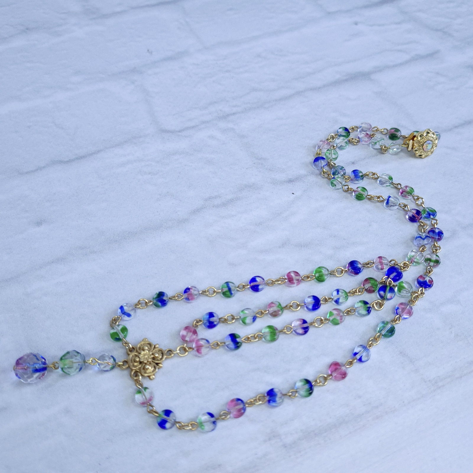 Iris Glass Necklace 18” Multicolor Czech Vintage Beads Women`s Jewelry