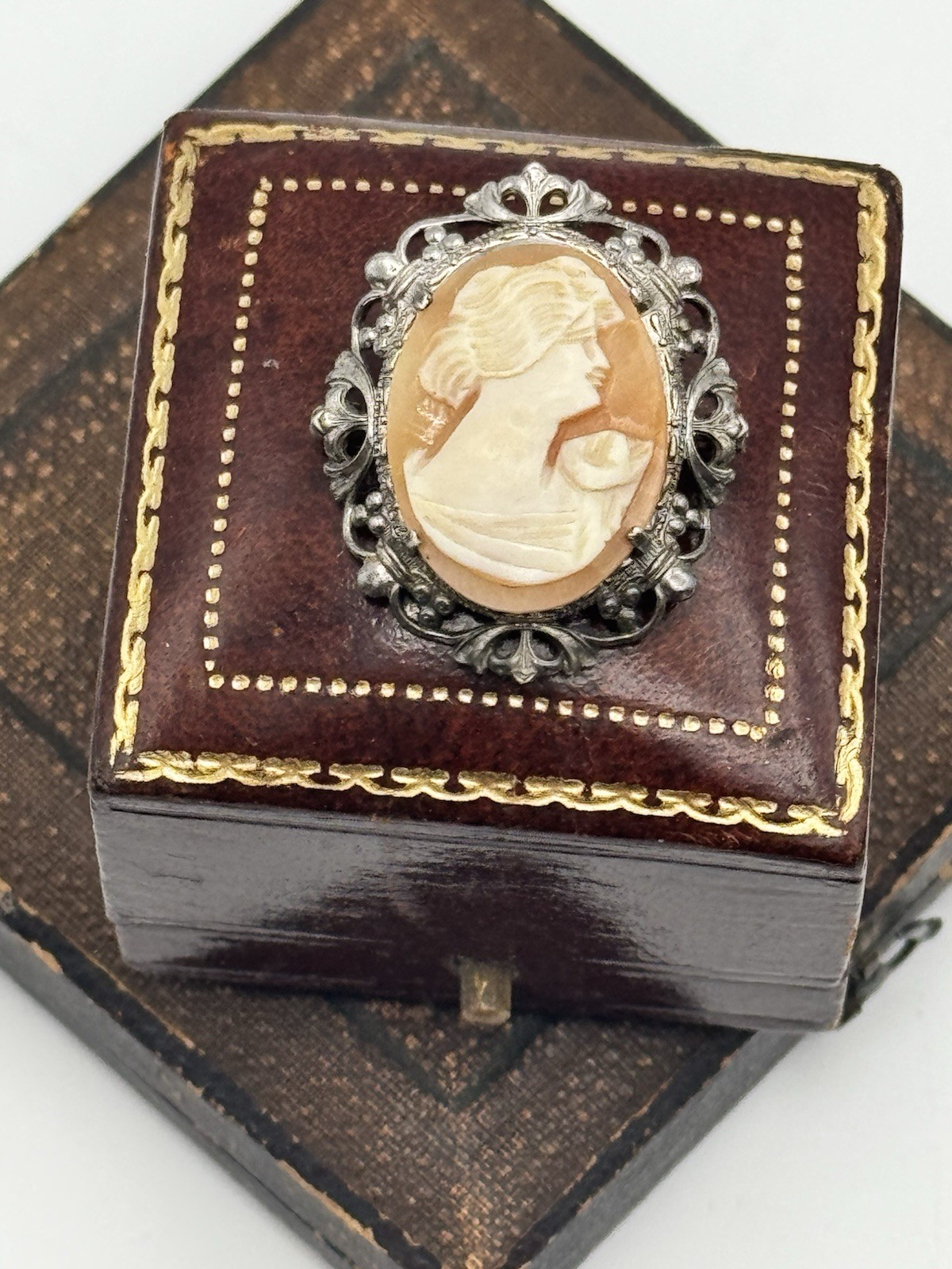 Vintage Cameo Brooch Sterling Shell Filigree Portrait Pin Victorian Style 1 Inch