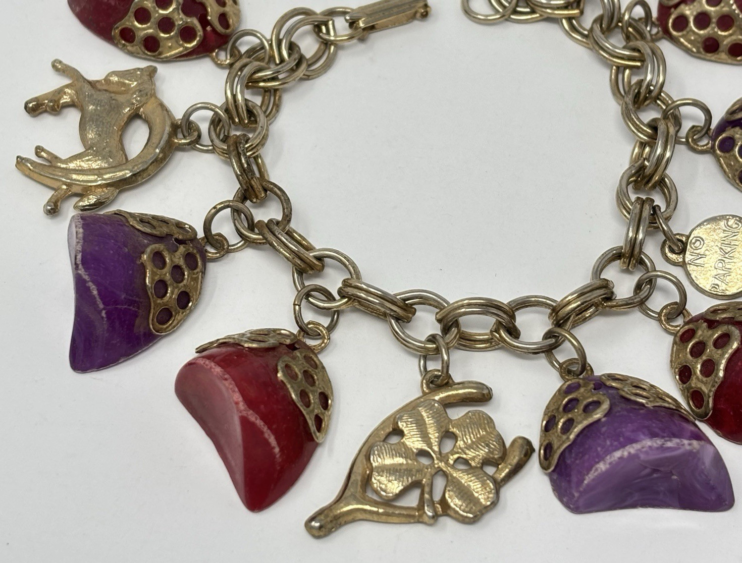 Vintage 60’s Chunky Charm Bracelet Lucky Horse Shoe Racing Purple Red Lucite