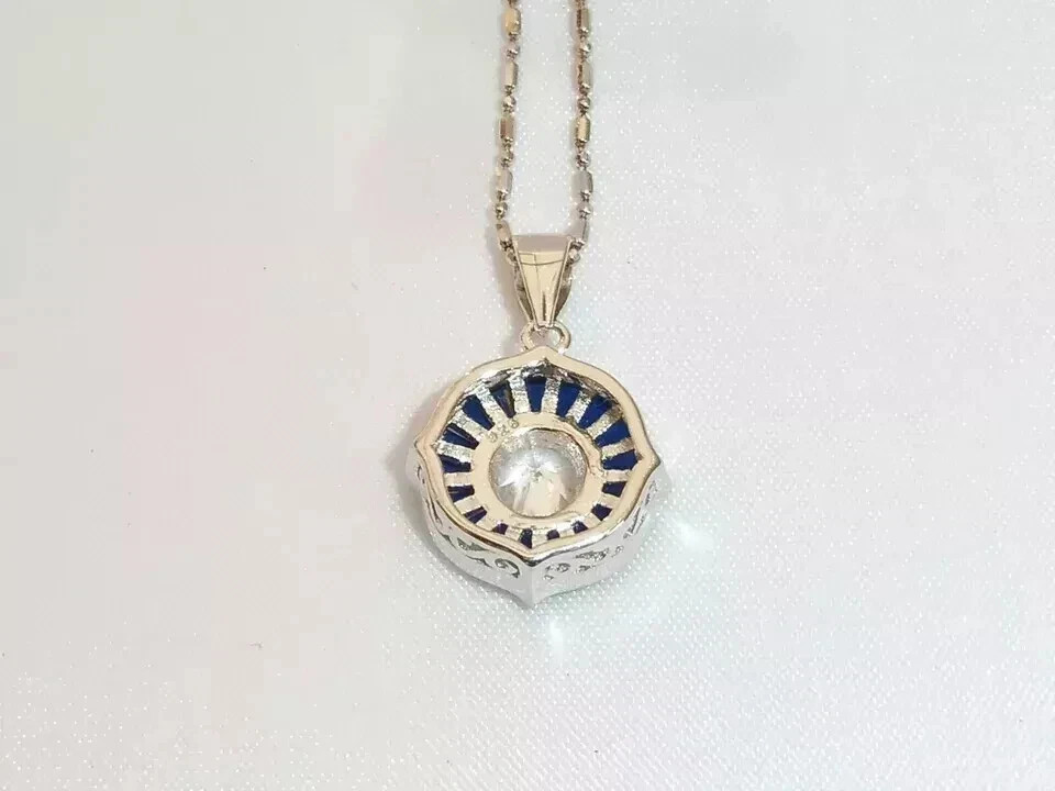 Art Deco Style Lab Created Diamond & Sapphire 14K White Gold FN Wedding Pendant