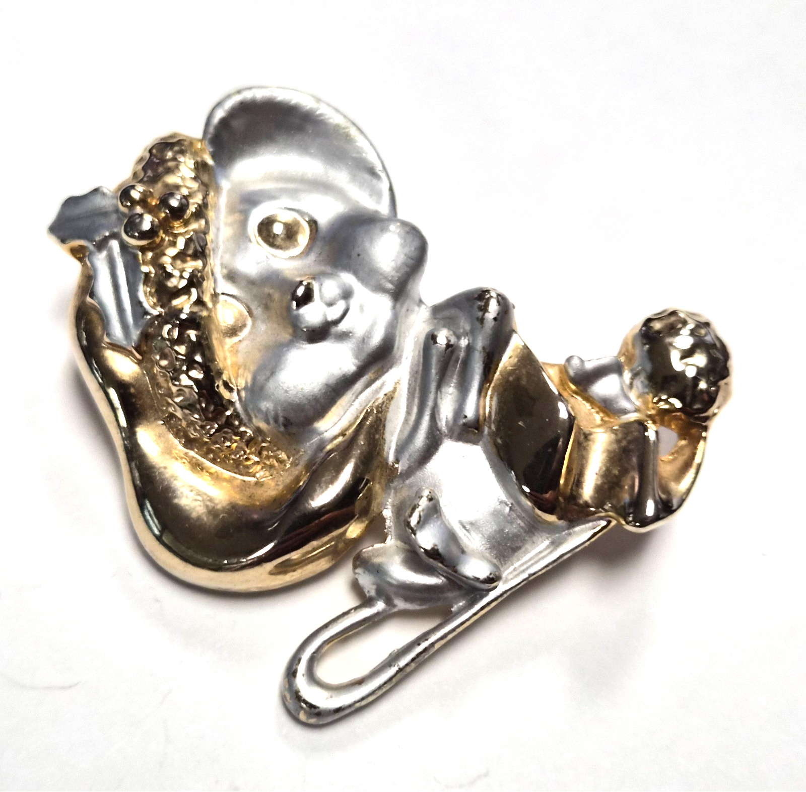 Vintage 80’s Mixed Metal Silver & Shiny Gold Tone Christmas Mouse Pin / Brooch