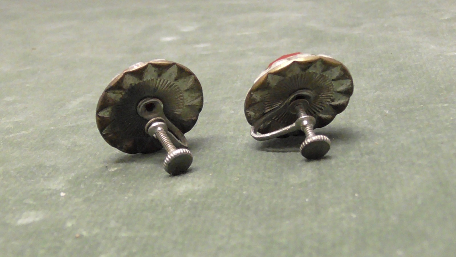Vintage Red Faceted Stone Screw Back Earrings w/ Clear Rhinestone Surround
