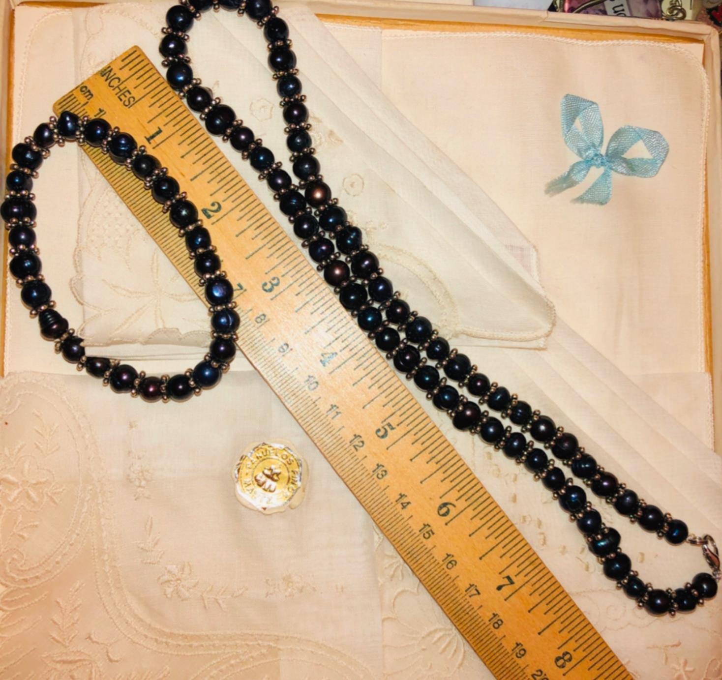 Black Dark Grey Peacock Pearl Necklace Bracelet Earrings Silver Vtg New Minte