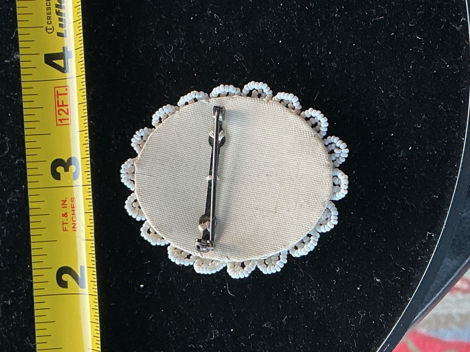 Vintage Beaded Cameo Brooch With Blue & Ivory Design – Elegant Handmade Pin Meas