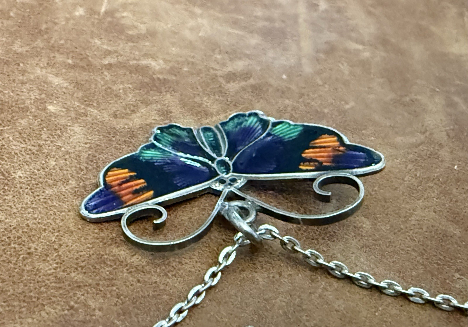 David-Andersen 925S Multi-Color Guilloche Enamel Butterfly Pendant Necklace 18”