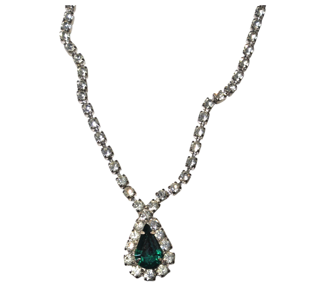 Vintage Rhinestone Choker Neckace/Earrings Set Green Teardrop Silver Tone Bridal