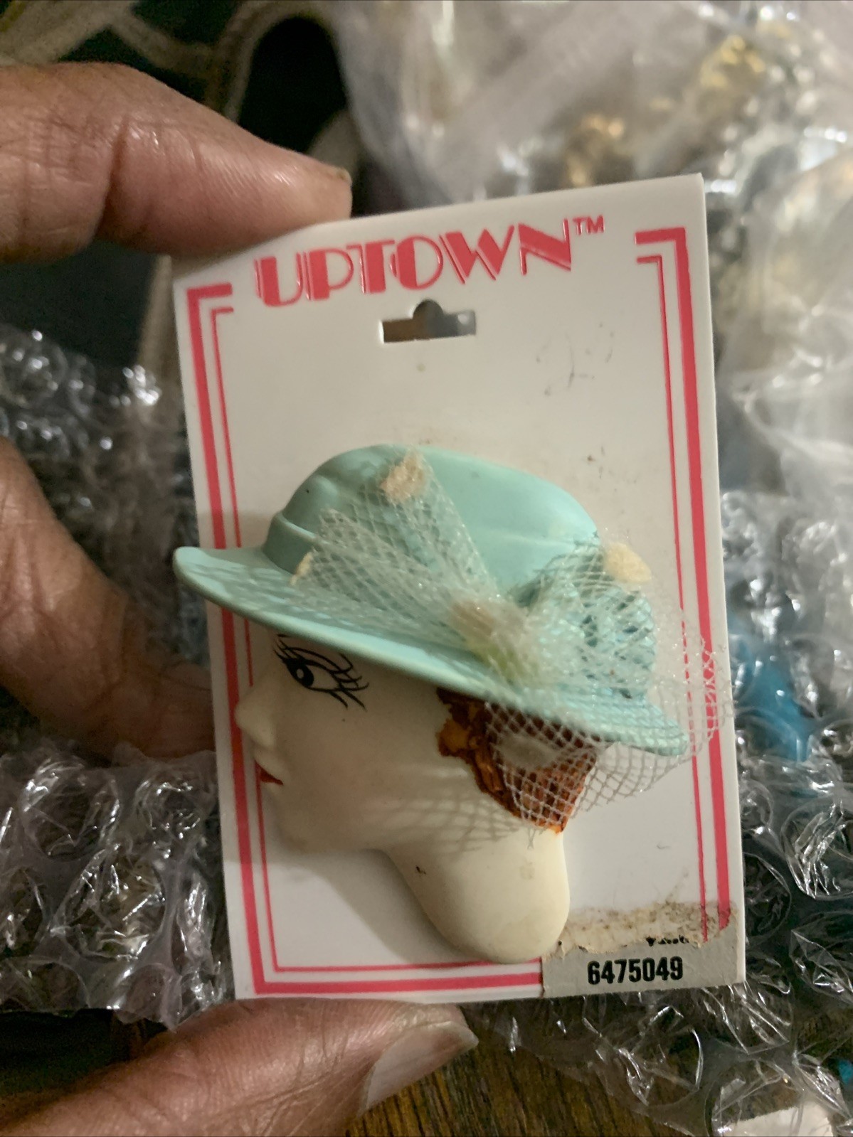 Fancy Light Blue Hat With Netting Lady Brooch